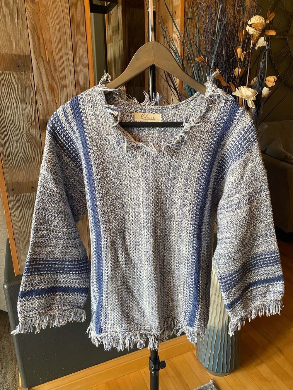 Elan Blue and White Striped Fringe Poncho Sweater, Size S